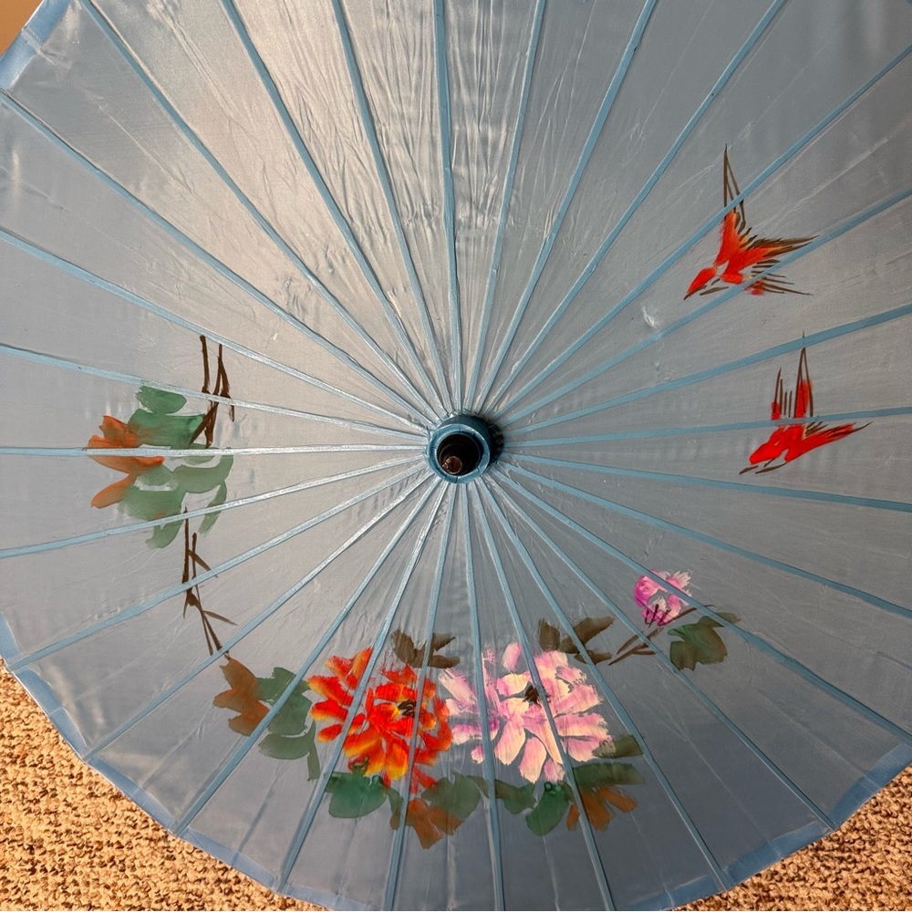 Asian Japanese Parasol Umbrella Nylon Bamboo Blue Blossoms Birds Sun Shade - Picture 6 of 13